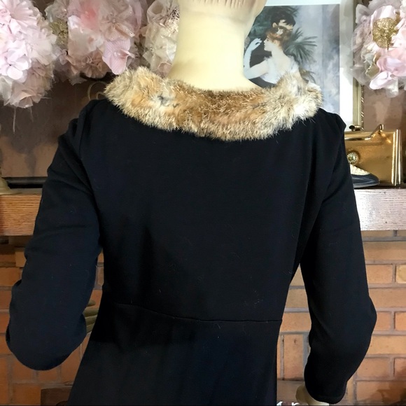 KAREN KANE BLACK KNIT DRESS WITH BROWN RABBIT FUR COLLAR (M) - Picture 12 of 15